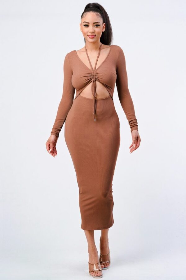 Shirred Front Cut-Out Long-Sleeve Dress – Mocha