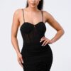 Glitter-Front Mesh Ribbed Cami Mini Dress – Black