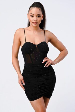 Glitter-Front Mesh Ribbed Cami Mini Dress – Black