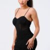 Glitter-Front Mesh Ribbed Cami Mini Dress – Black