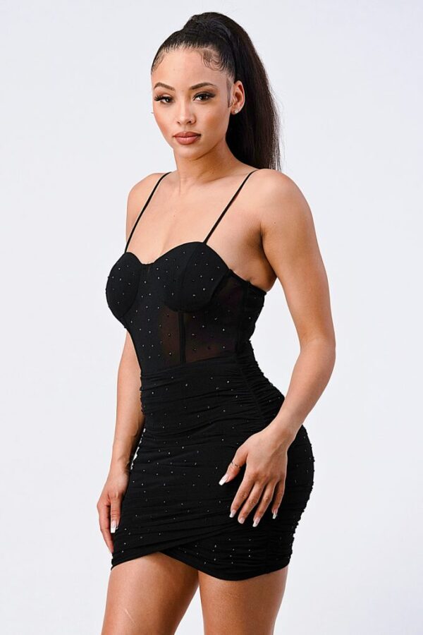 Glitter-Front Mesh Ribbed Cami Mini Dress – Black