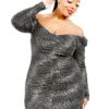 Plus Foil & Glitter Wavy Print Mini Dress – Black