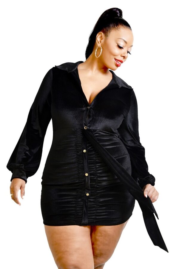 Plus Velvet Bishop Sleeve Mini Dress – Black