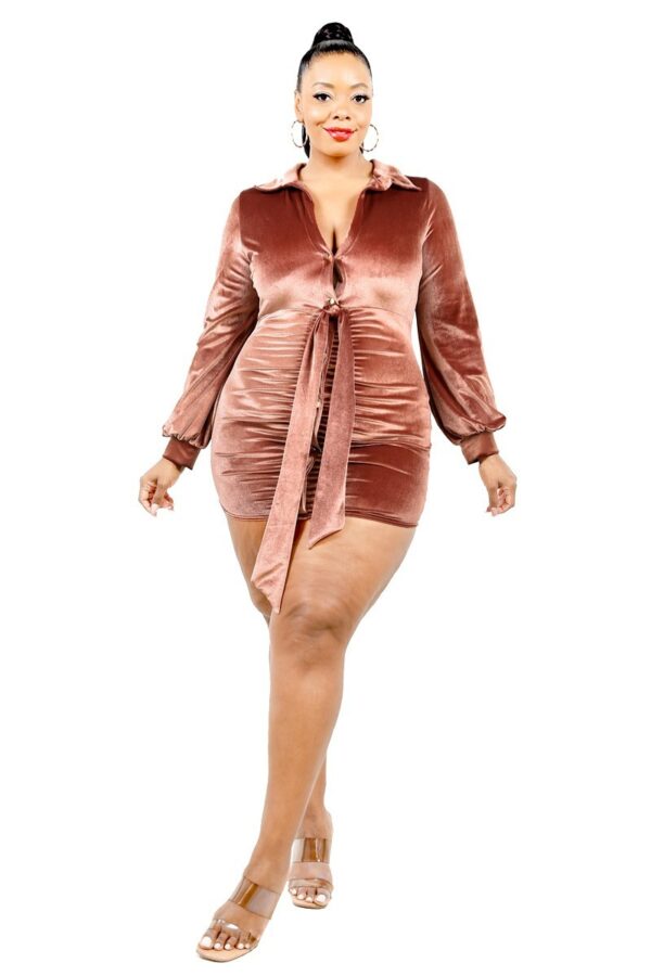 Plus Velvet Mini Dress with Bishop Sleeves – Rust