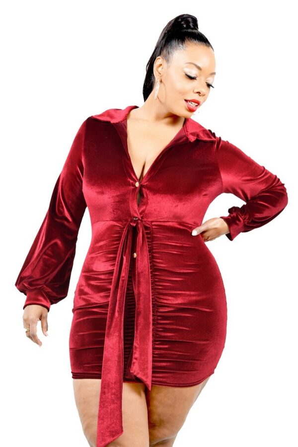 Plus Velvet Bishop-Sleeve Mini Dress – Burgundy