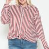 Plus-Size Cotton Shirt – Multi-Stripe Side Slit, Red