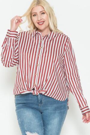 Plus-Size Cotton Shirt – Multi-Stripe Side Slit, Red