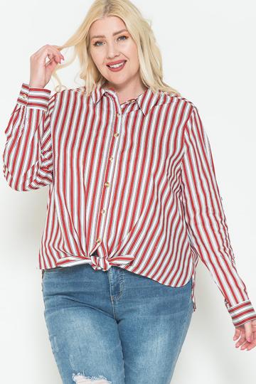 Plus-Size Cotton Shirt – Multi-Stripe Side Slit, Red