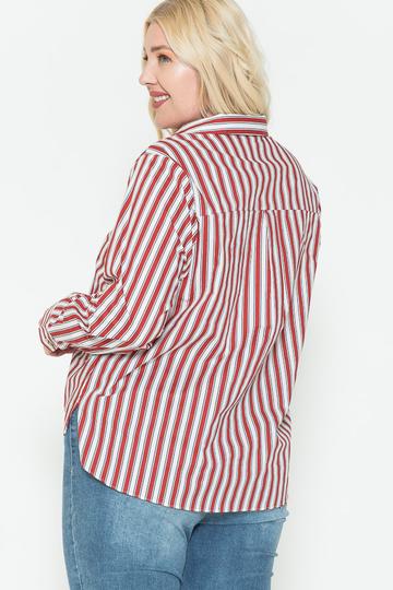 Plus-Size Cotton Shirt – Multi-Stripe Side Slit, Red