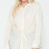 Plus-Size Twisted-Knot Satin Oversized Shirt – Ivory