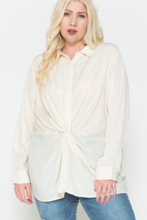 Plus-Size Twisted-Knot Satin Oversized Shirt – Ivory