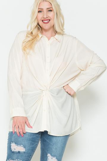 Plus-Size Twisted-Knot Satin Oversized Shirt – Ivory