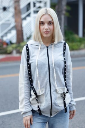 Zip-Up Hooded Sweater with Belt & Reversed Details – Grey