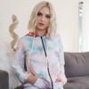 Tie-Dye & Feather Contrast Plaid Hooded Zip Sweater – Sage Pink