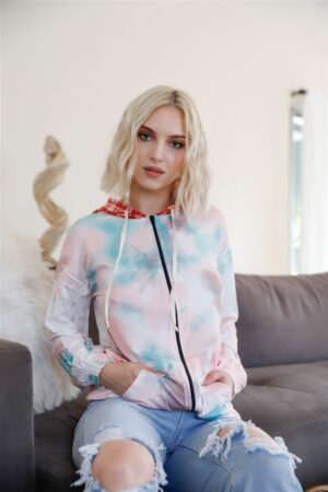 Tie-Dye & Feather Contrast Plaid Hooded Zip Sweater – Sage Pink
