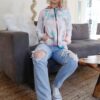 Tie-Dye & Feather Contrast Plaid Hooded Zip Sweater – Sage Pink
