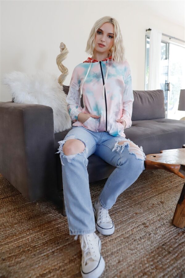 Tie-Dye & Feather Contrast Plaid Hooded Zip Sweater – Sage Pink