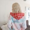 Tie-Dye & Feather Contrast Plaid Hooded Zip Sweater – Sage Pink