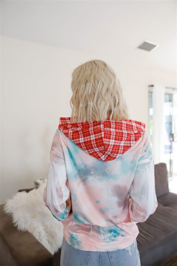 Tie-Dye & Feather Contrast Plaid Hooded Zip Sweater – Sage Pink
