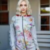 Double-Hood Zip Sweater with Pink Flower Print – Grey