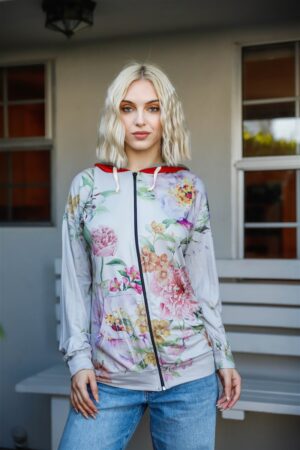 Double-Hood Zip Sweater with Pink Flower Print – Grey