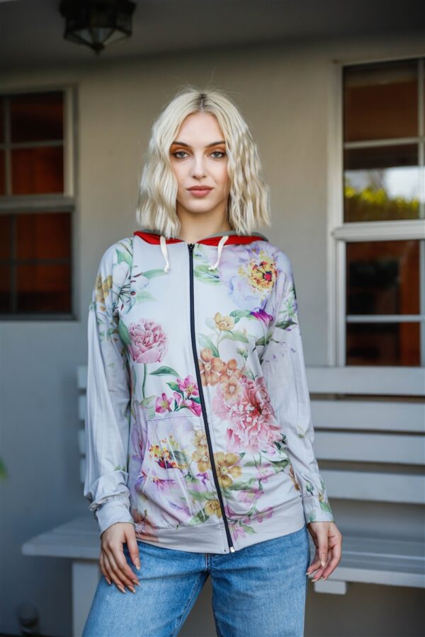Double-Hood Zip Sweater with Pink Flower Print – Grey