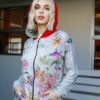 Double-Hood Zip Sweater with Pink Flower Print – Grey