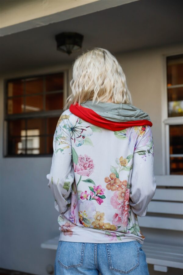 Double-Hood Zip Sweater with Pink Flower Print – Grey