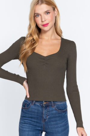 Shirred Sweetheart-Neck Pullover Sweater – Olive