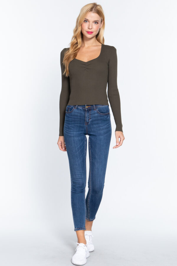 Shirred Sweetheart-Neck Pullover Sweater – Olive