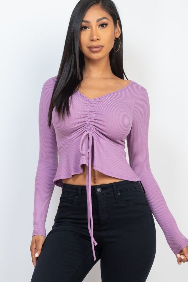 Ribbed Drawstring Peplum Long-Sleeve Top