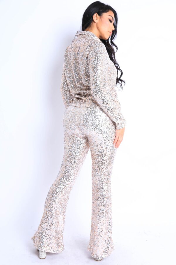 Sequin Button-Down Shirt & Pant Set – Silver