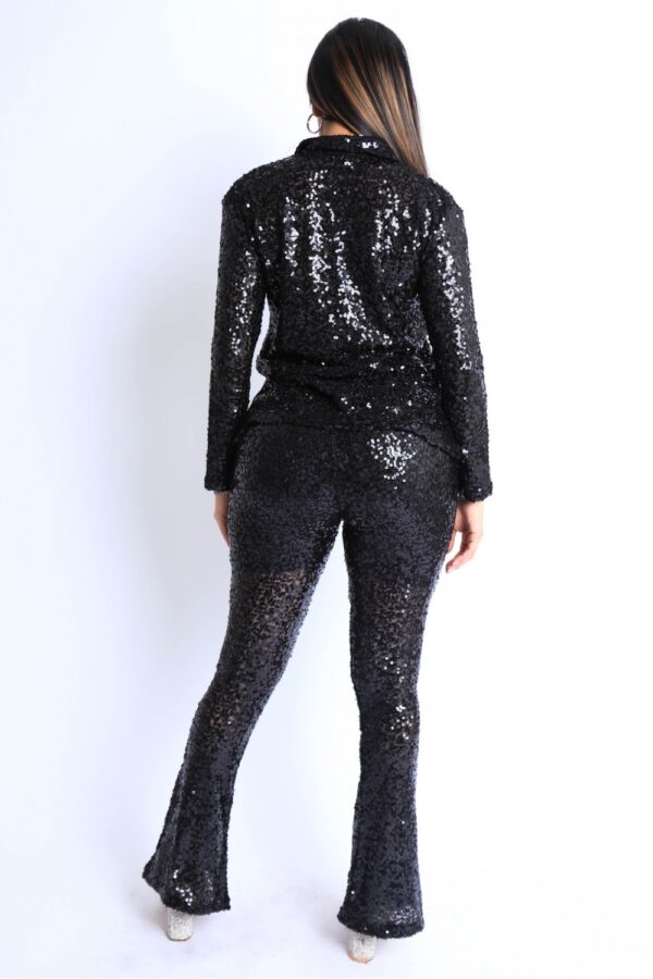 Sequin Button-Down Shirt & Pant Set – Black