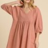 Ruched V-Neck Tunic Dress – Soft Clay