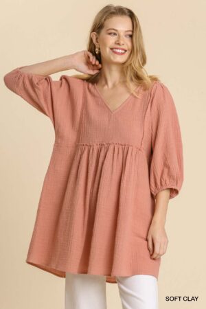 Ruched V-Neck Tunic Dress – Soft Clay