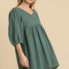 Gauze Slub V-Neck Tunic Dress – Frayed Hem, Seaweed