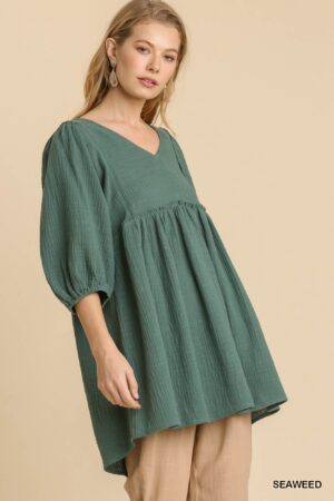 Gauze Slub V-Neck Tunic Dress – Frayed Hem, Seaweed
