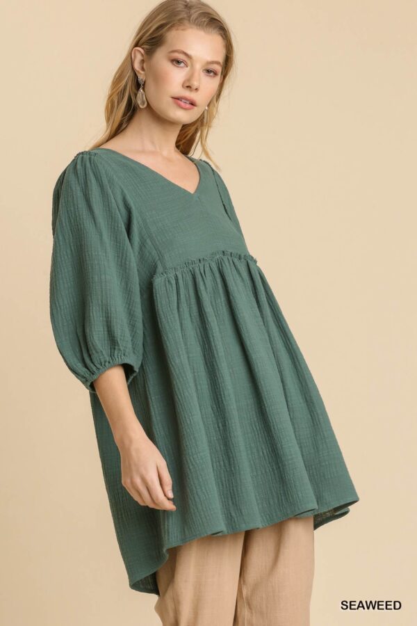 Gauze Slub V-Neck Tunic Dress – Frayed Hem, Seaweed