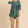 Gauze Slub V-Neck Tunic Dress – Frayed Hem, Seaweed