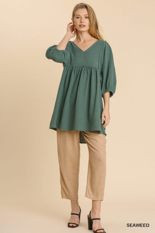 Gauze Slub V-Neck Tunic Dress – Frayed Hem, Seaweed