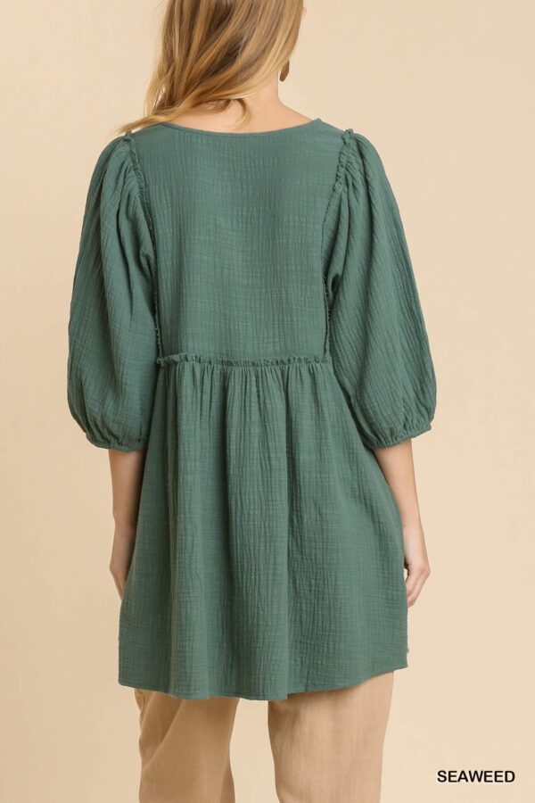 Gauze Slub V-Neck Tunic Dress – Frayed Hem, Seaweed