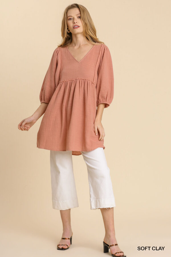Ruched V-Neck Tunic Dress – Soft Clay