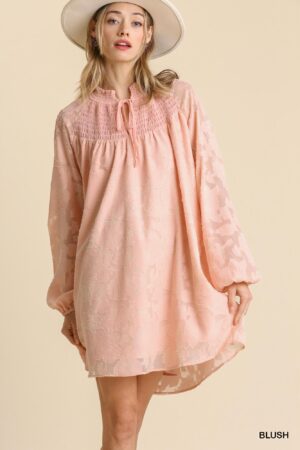 Jacquard Raglan Smocked Tie-Neck Dress – Blush