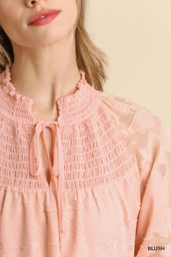 Jacquard Raglan Smocked Tie-Neck Dress – Blush