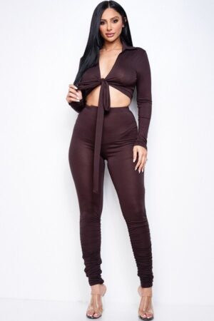 Rayon-Spandex Two-Piece Cross-Over Top & Ruched Leggings – Brown