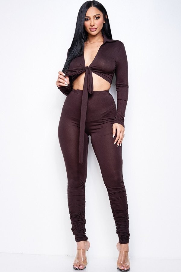Rayon-Spandex Two-Piece Cross-Over Top & Ruched Leggings – Brown