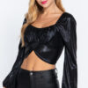 Metallic Knit Long-Sleeve Ruched Sweetheart Top – Black