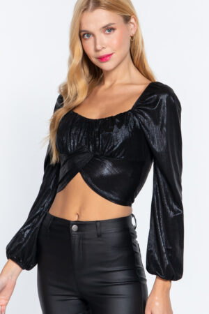 Metallic Knit Long-Sleeve Ruched Sweetheart Top – Black