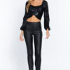 Metallic Knit Long-Sleeve Ruched Sweetheart Top – Black
