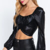 Metallic Knit Long-Sleeve Ruched Sweetheart Top – Black